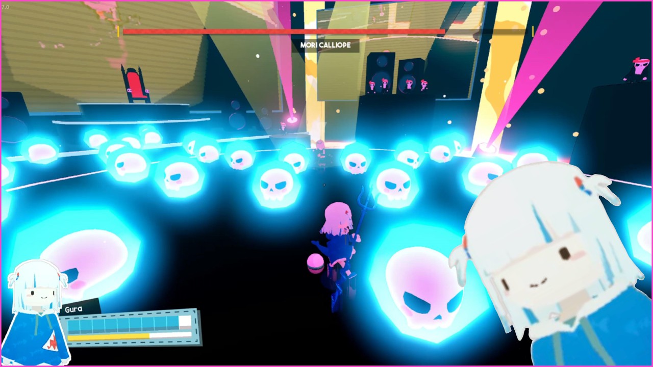 Mori Calliope boss arena with skull platforms, health bar, and Gura HUD